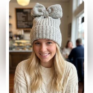 BCBGeneration Grey Ribbed Knit Beanie Hat with Oversized Top Knot Bow